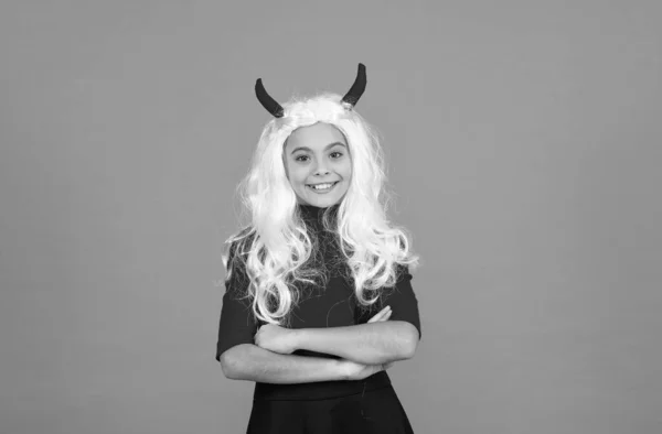 Happy Witch Teenage Girl White Hair Wear Costume Horns Imp — Stock Photo, Image