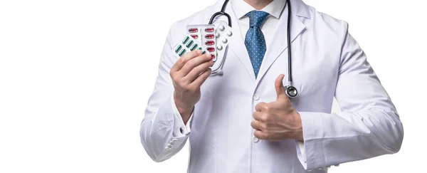 Ausgeschnittene Ansicht Des Arztes Mit Pillen Mann Hält Tabletten Isoliert — Stockfoto