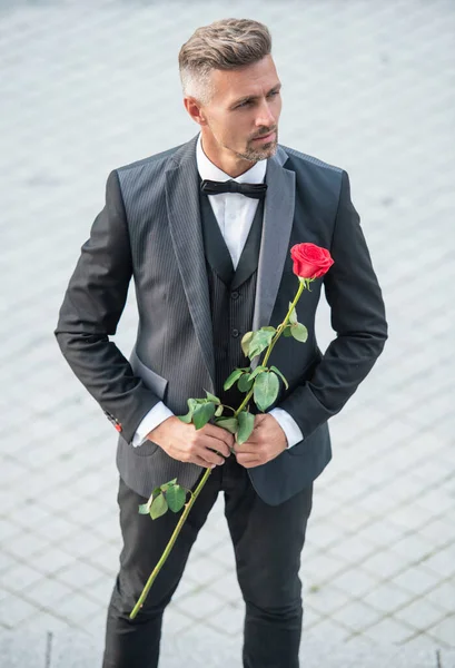 穿着燕尾服的优雅男子 穿着黑色西服的男人在户外 红玫瑰配燕尾服的帅哥 — 图库照片