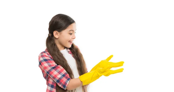 Servicio Limpieza Casas Limpiar Los Guantes Para Limpiar Niña Pequeña — Foto de Stock