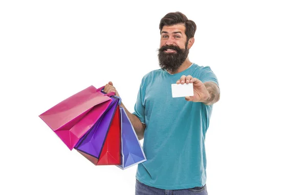 Perfekter Tag Erfolgreiches Einkaufen Der Bärtige Mann Trägt Schwere Einkaufstüten — Stockfoto