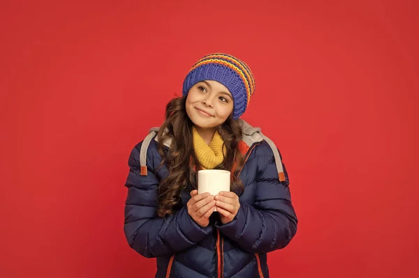Smiling Kid Winter Clothes Drink Warm Tea Morning — Zdjęcie stockowe