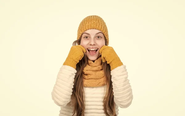 Happy Kid Knitted Hat Scarf Gloves Warm Clothes Isolated White — Stock Photo, Image
