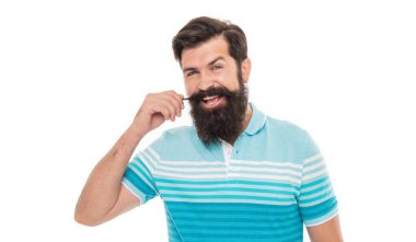 Happy man twisting mustache. Bearded man smiling with long beard and mustache. Unshaven guy twirling mustache. clipart