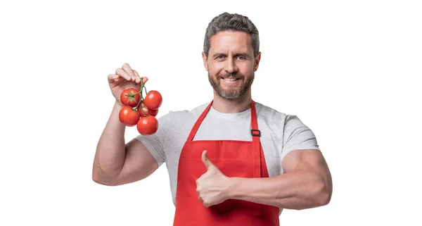 Man Förkläde Med Tomat Grönsaker Isolerad Vitt Tumme Upp — Stockfoto