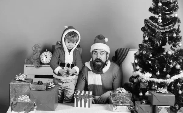 Christmas Family Opens Presents Blue Background Boxing Day Concept Santa — Stock Photo, Image