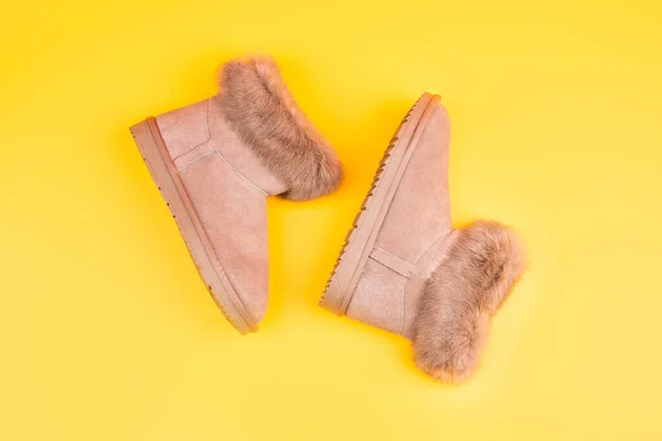 Pair Fashionable Winter Ugg Boots Yellow Background New Pair — Stock Photo, Image