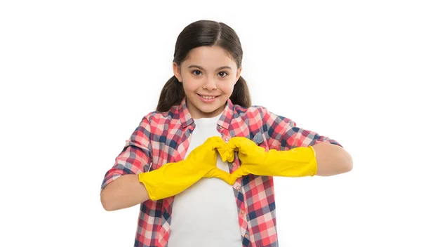 Städning Rengöringsmaterial Flicka Gummihandskar För Rengöring Vit Bakgrund Lär Barn — Stockfoto