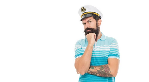 Bearded Man Thinking Isolated White Thoughtful Man Wearing Captain Hat — Stock Photo, Image