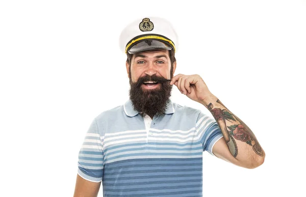Mann Bärtig Kapitän Matrosen Uniform Marine Cruise Willkommen Bord Konzept — Stockfoto
