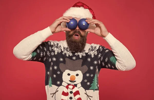 Barbudo Hombre Santa Claus Con Bigote Desgaste Sombrero Suéter Punto —  Fotos de Stock