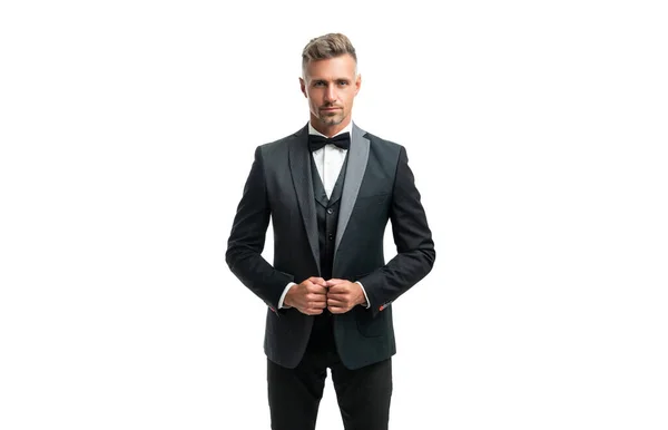 Man Bow Tie Suit Businessman Isolated White Formal Wear Concept — Stock Photo, Image