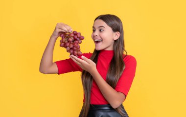 Şaşırmış pozitif çocuk sarı arka planda bir demet üzüm tutuyor..