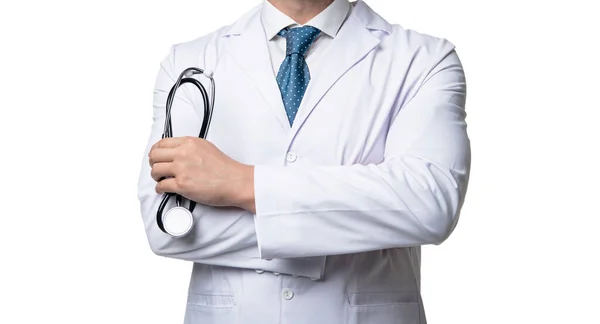Doctor Hombre Vista Cosecha Doctor Sosteniendo Estetoscopio Médico Con Bata —  Fotos de Stock