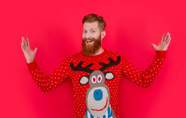 Happy Man Celebrating Christmas New Year Studio Bearded Man Wearing — Stock Photo, Image