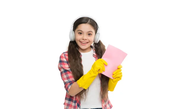 Girl Headphones Gloves Cleaning Make Household More Joyful Wiping Dust — Stock Photo, Image