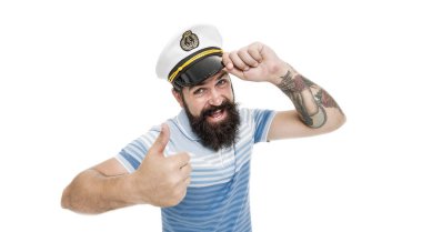 Vahşi denizci beyazüzerinde izole edilmiş. Kaptan kavramı. Gemiye hoş geldiniz. Geminin sakallı kaptanı. Deniz gezisi. Seyahat konsepti. Yaz tatili. Hipster sakal bıyıklı denizci şapkası. Yolcu gemisi kaptanı.