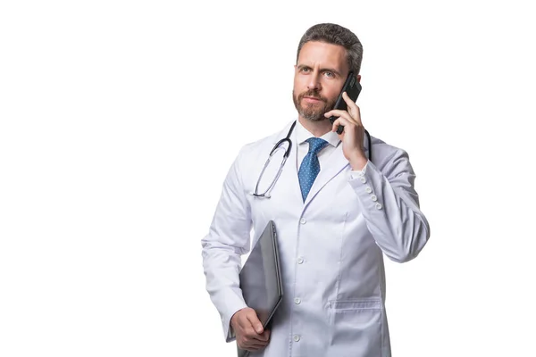 Serious Doctor Talking Mobile Phone Mobile Physician Holding Laptop Using — Stock Photo, Image