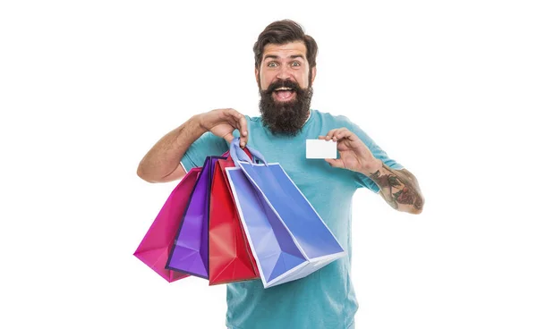 Homme Heureux Faisant Shopping Mode Paiement Carte Bancaire Vente Vendredi — Photo
