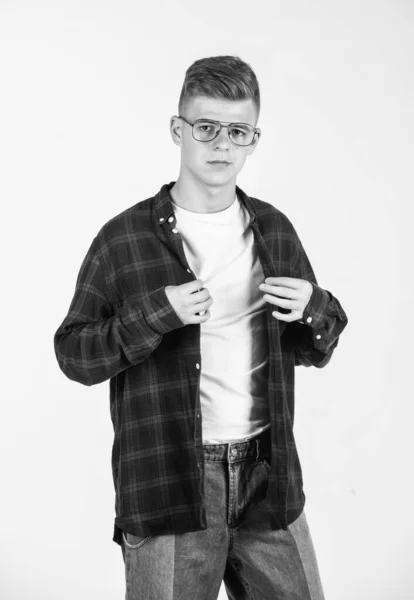 Teen Boy Wear Checkered Casual Shirt Glasses Isolated White Fashion — Stock Photo, Image