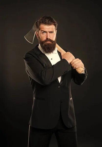 Serious Unshaven Guy Beard Mustache Formal Suit Holding Axe Dark — Fotografia de Stock