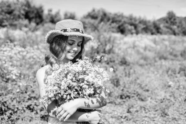 Récoltez Des Herbes Fraîches Petite Fille Recueillant Des Fleurs Camomille — Photo