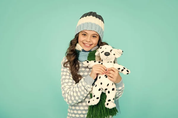 Cheerful Child Knitwear Hold Toy Teen Girl Blue Background Happy — Stockfoto