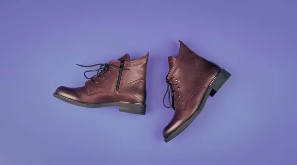 Stylish Leather Boots Blue Background Footwear — 图库照片