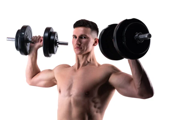 Mann Macht Gewichtheben Der Sporthalle Isoliert Auf Weißem Hintergrund Fitnesstraining — Stockfoto