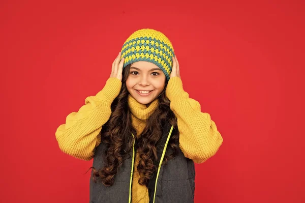 Cheerful Teen Girl Red Background Portrait Child Wearing Warm Clothes — Stockfoto