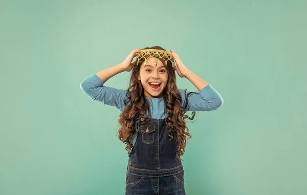 Laughing Child Curly Hair Queen Crown Blue Background Happiness — Fotografia de Stock