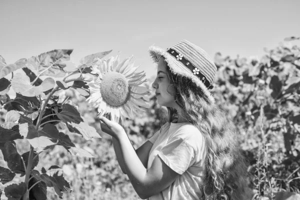 Mutlu Çocukluk Güzel Bir Kız Tarlada Hasır Şapka Giyer Çiçekli — Stok fotoğraf