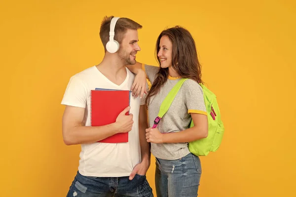 Guy Girl Hold Notebook University Students Yellow Background Study Workbook — Photo