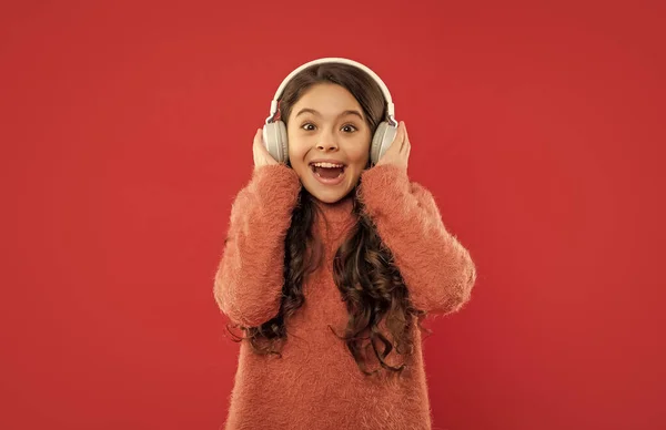 Amazed Teen Girl Sweater Headphones Listening Music Childhood — Foto de Stock