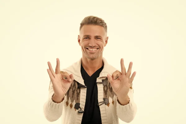 Happy Caucasian Man Cardigan Show Double Ring Gestures Isolated White — стоковое фото