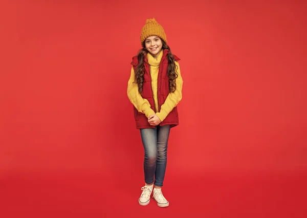 Full Length Happy Child Knitted Winter Hat Vest Red Background —  Fotos de Stock