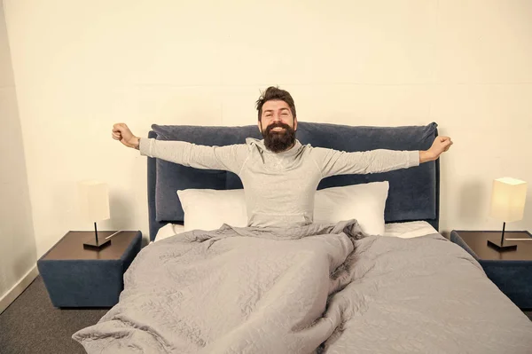 Happy Guy Smiling Stretching Bed Waking Sleep Morning — Stok fotoğraf