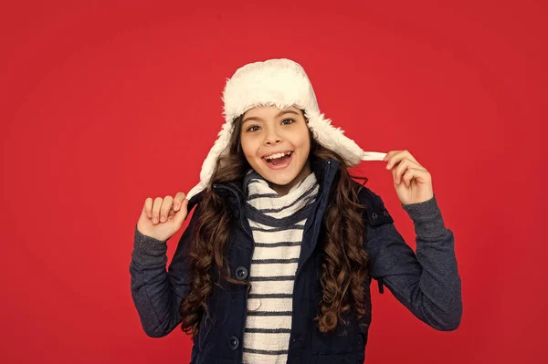 Cheerful Kid Curly Hair Earflap Hat Teen Girl Red Background — Foto Stock