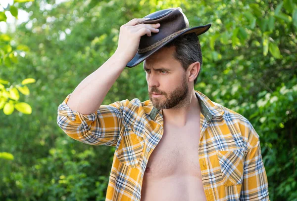 rancher man in cowboy hat. sexy cowboy in checkered shirt. western cowboy wearing hat.