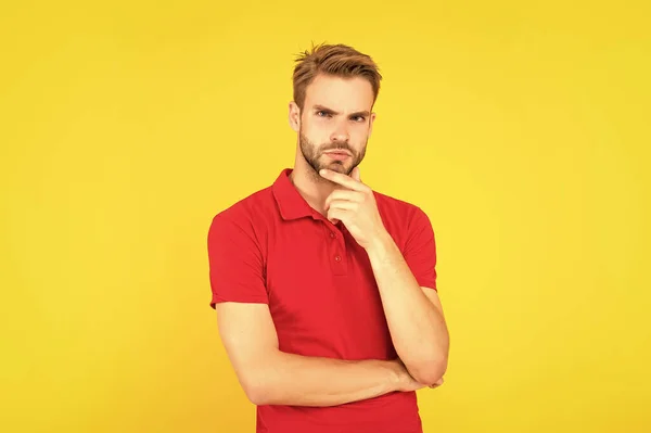 Mens Beauty Portrait Man Bristle Red Shirt Serious Young Man — Stock fotografie