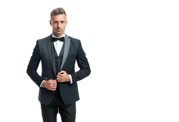 Businessman Tuxedo Suit Neck Bow Isolated White — Stock Photo, Image