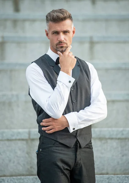 Elegant Businessman Graying Hair Grizzled Businessman Formalwear Tux Businessman Suit — Stock Photo, Image