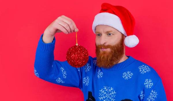 Christmas Decoration Cheerful Bearded Man Hold Christmas Decoration Isolated Red — Stock Photo, Image