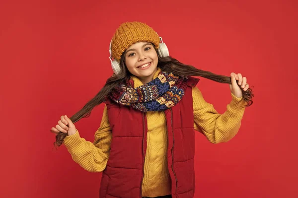 Smiling Child Hat Listen Music Headphones Childhood — ストック写真