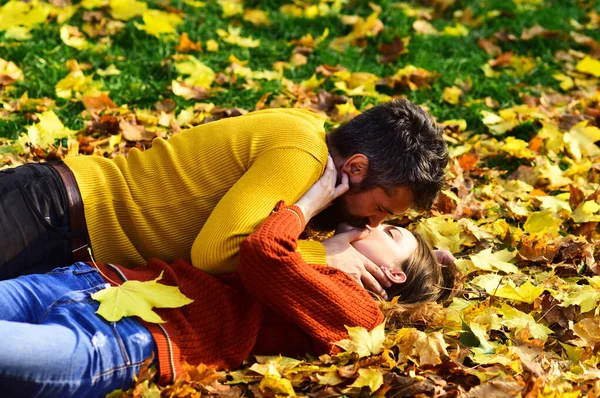 草の上にロマンチックな顔をし 背景を残し男と女 恋のカップルは公園の乾いた落ち葉の上にあります デートのキスで女の子と髭の男や幸せな恋人 日付と秋の愛の概念 — ストック写真