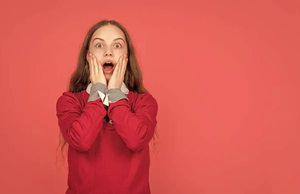 Shocked Child School Uniform Red Background Copy Space Student — Φωτογραφία Αρχείου