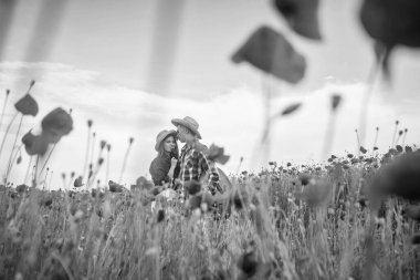 Yaz aylarında gelincik tarlasında aşık bir çift, aşk..