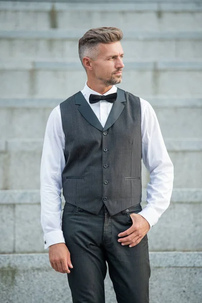 Elegant Man Bowtie Grizzled Man Formalwear Tux Man Bridegroom — Stock Photo, Image