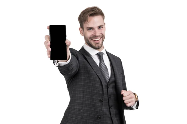 Advogado Feliz Estilo Formal Segurar Dispositivo Móvel Telefone Moderno Isolado — Fotografia de Stock