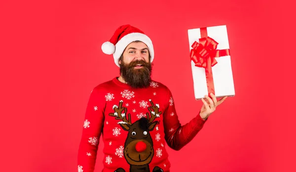 Atmosphere for miracles. Seasonal sale. From Our Store To Your Home. Santa Claus wishes Merry Christmas. Christmas tradition. Bearded man enjoy xmas celebration. Christmas gift. December shopping.